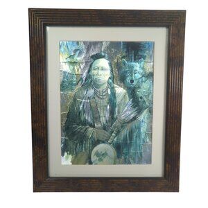 Ruane Manning Native American Foil Art Print Green Framed Wolf Coyote 9.5 x 11.5